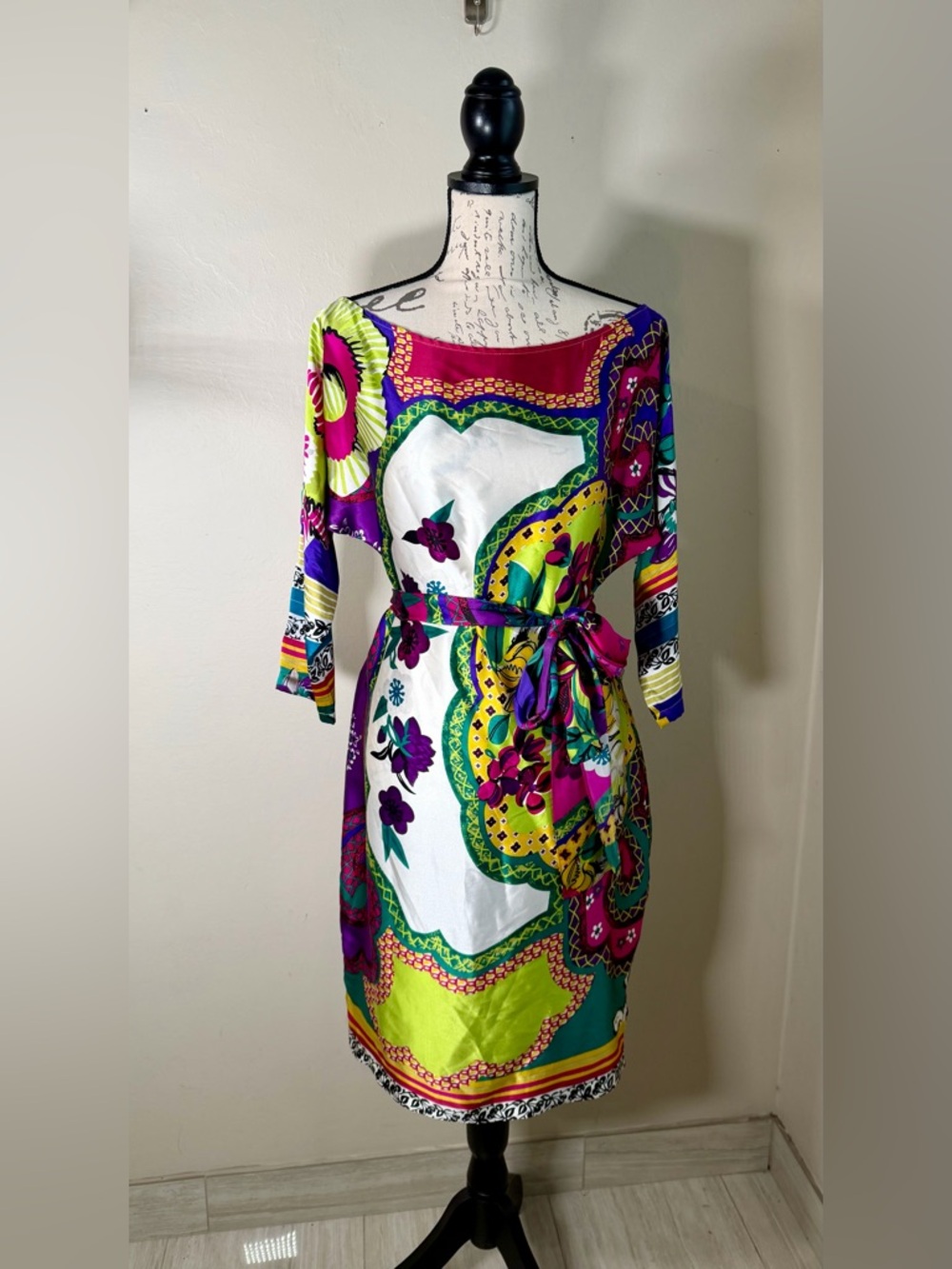 Cache Multicolor Floral & Paisley Belted Long Sleeve Dress